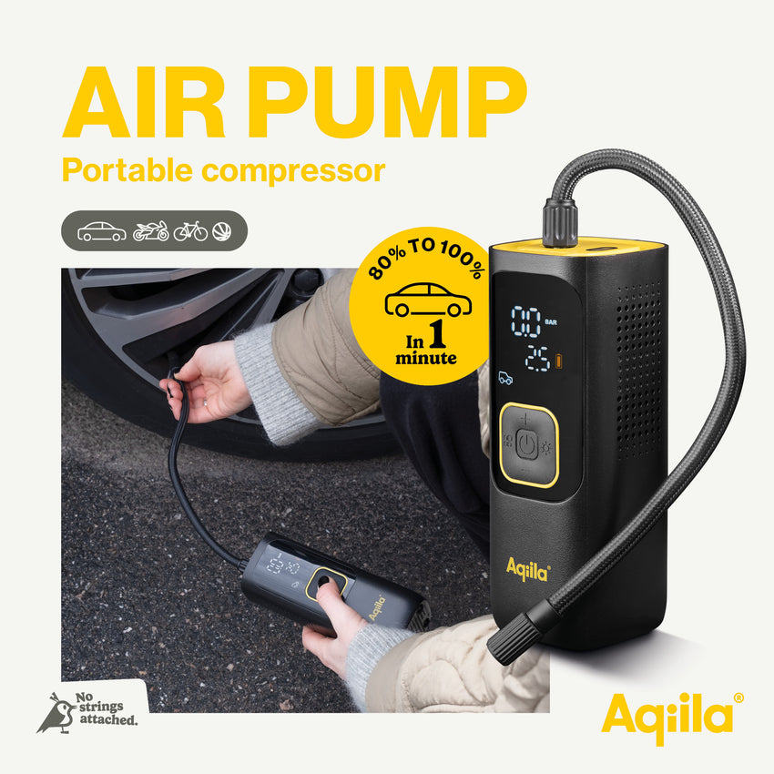 Aqiila Airbird C7. Draagbare Compressor & Powerbank in één. Ideaal voor Auto, Fiets & Outdoor